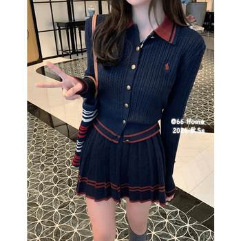 Autumn Suit for Women 2024 Hot Style for Small People to Wear Slim Preppy Style Knitted Pleated Skirt Two-Piece Set Dd Light and Mature