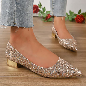 Foreign Trade Glitt Crystal Shoes Sequin Low Heel Shoes Women's 2024 New Pointed plus size Celebrity silver Bride Wedding Shoes