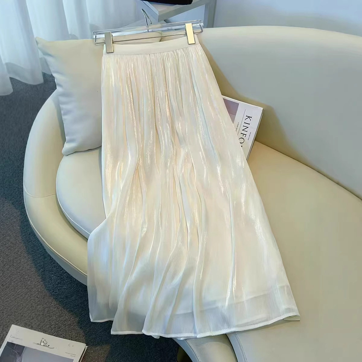 A Line Pleated Skirt Flattering Fit Lightweight Fabric Versatile Beige Color Spring Summer Fashion Wholesale