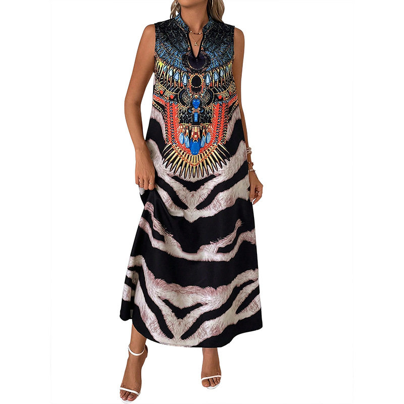 Vintage Style Sleeveless Zebra Print Dress Stand Collar Bohemian Design Elegant Look Perfect for Summer Events