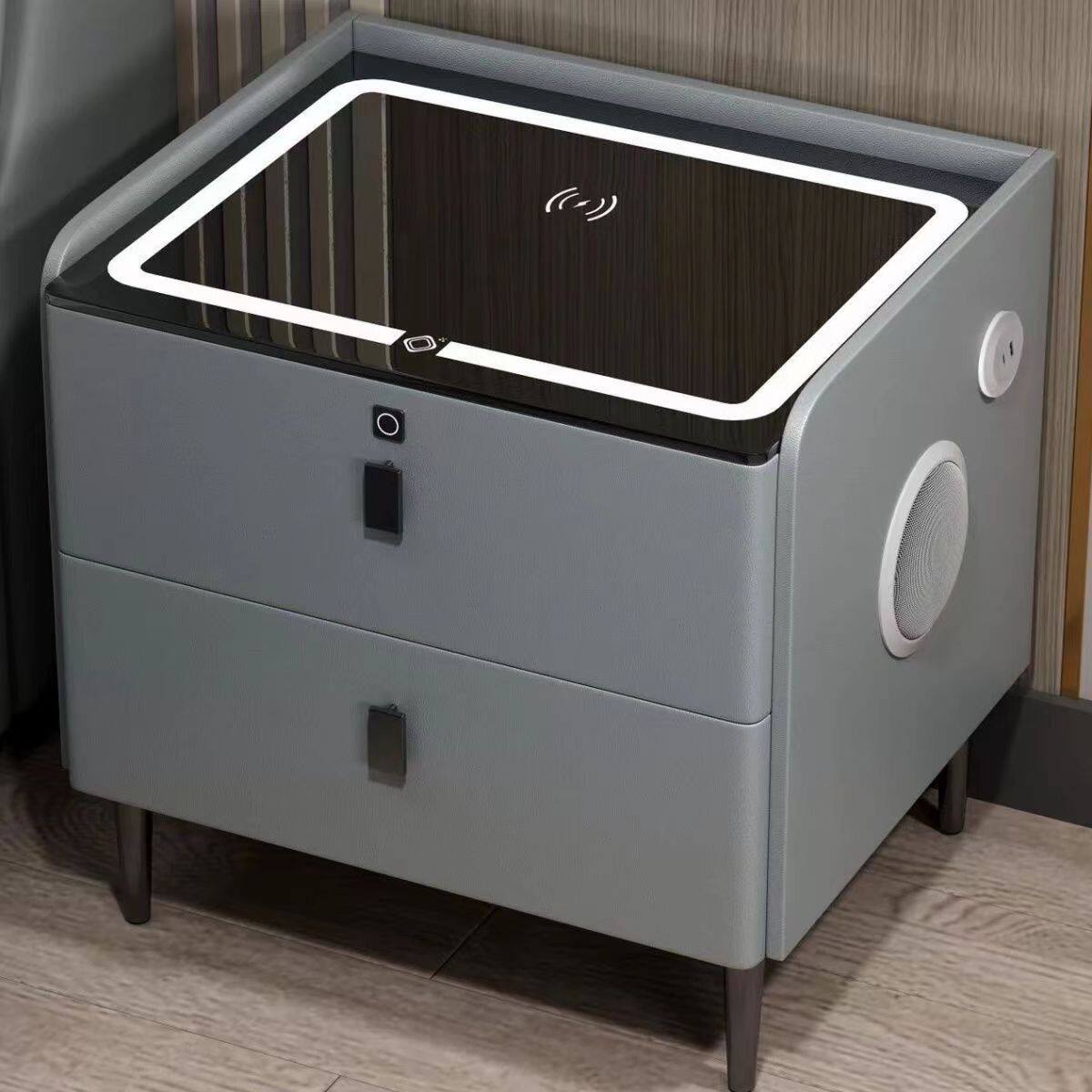 Smart and Simple Solid Wood Bedside Table with Wireless Charging, Light, Bluetooth Speaker, Fingerprint Lock, Cream Style, Hot-Selling Model, Storage