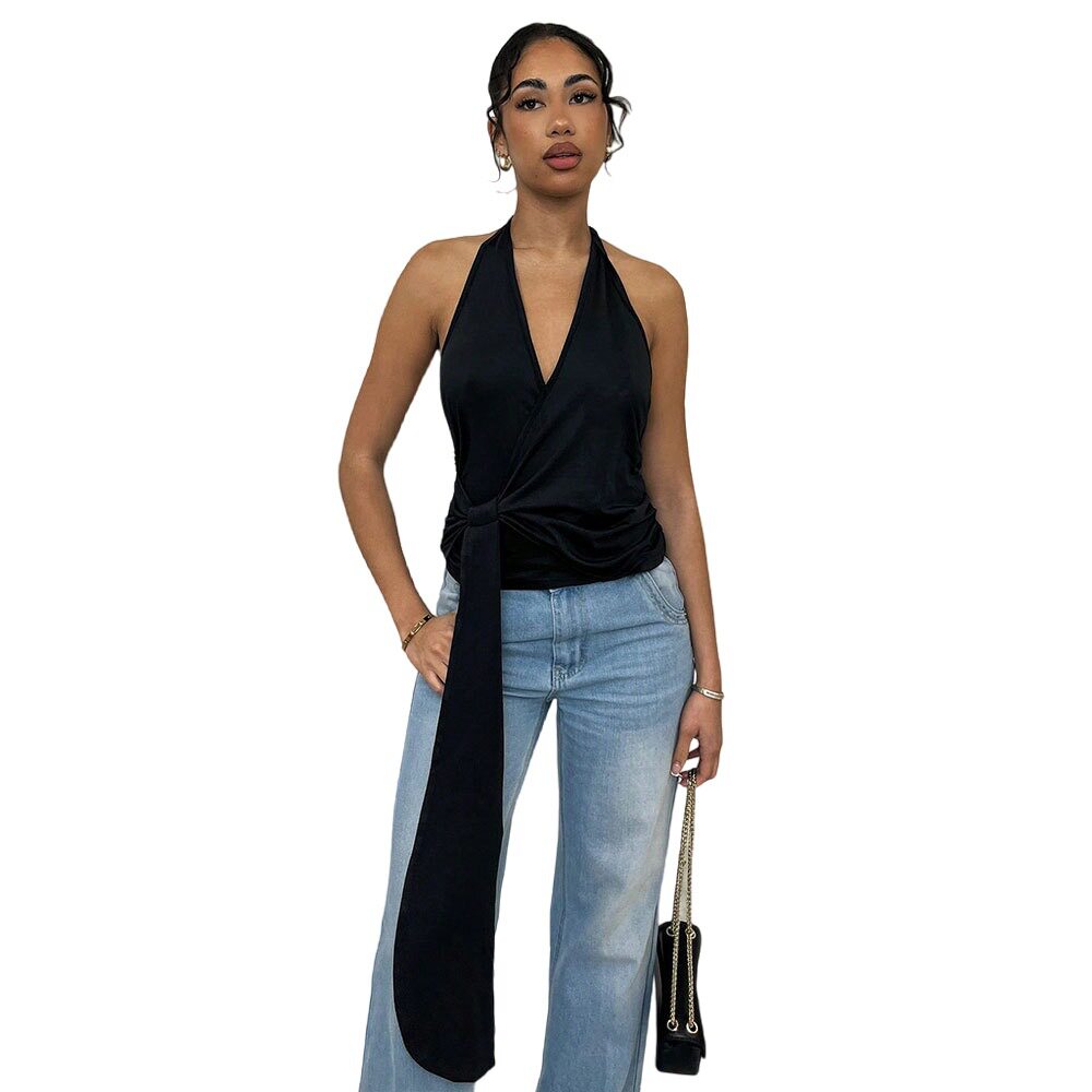 French Style Womens Summer Top Unique Halter Neck Deep V Backless Design Casual Wear for Fashion Forward Outfits