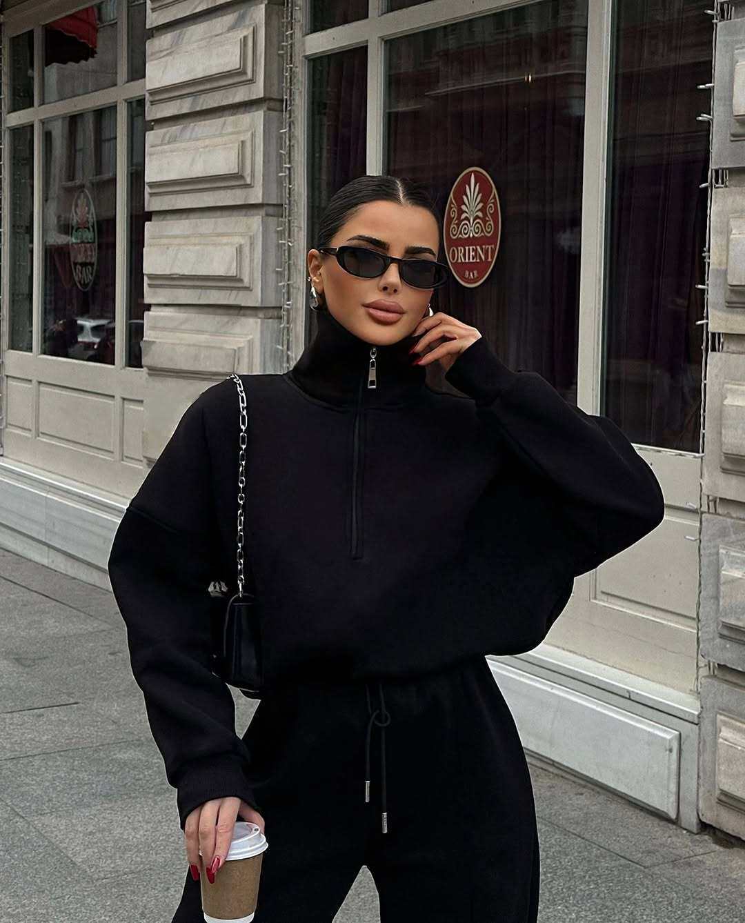 跨境欧美休闲女装时尚半开襟套头卫衣长裤两件套宽松休闲秋冬套装