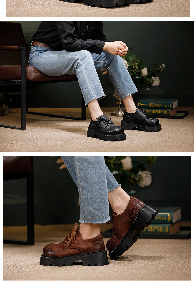 Giày boot nữ cổ thấp da bò thật thủ công mũi tròn gót vuông — Màu cà phê, màu đen