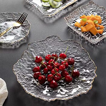 Glacier Gold-Rimmed Glass Ice Dew Disc Irregular Home Living Room Fruit Plate Transparent Glass Plate Dinner Plate
