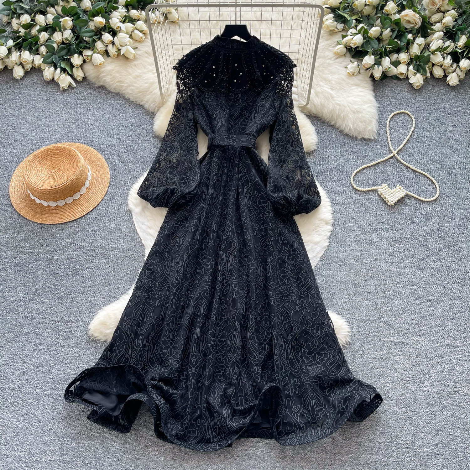 Elegant French Lace Long Sleeve Dress Fitted Waist A Line Silhouette High End Style Perfect for Commuting and Special