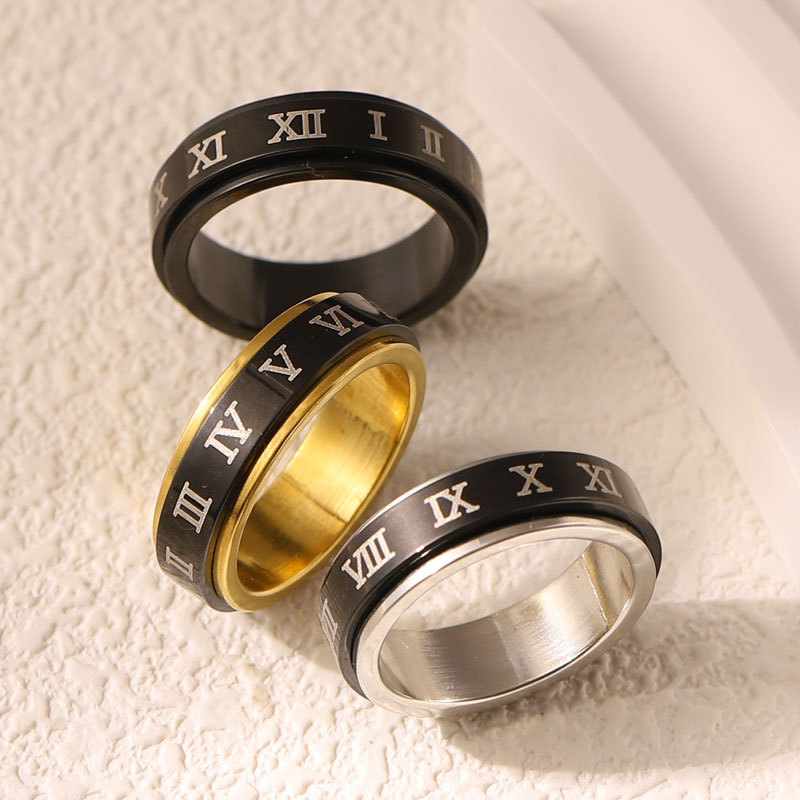 Cross-border Hot Selling Roman Numerals Titanium Steel Ring Rotatable Stainless Steel Creative Ring New Student Personality All-match