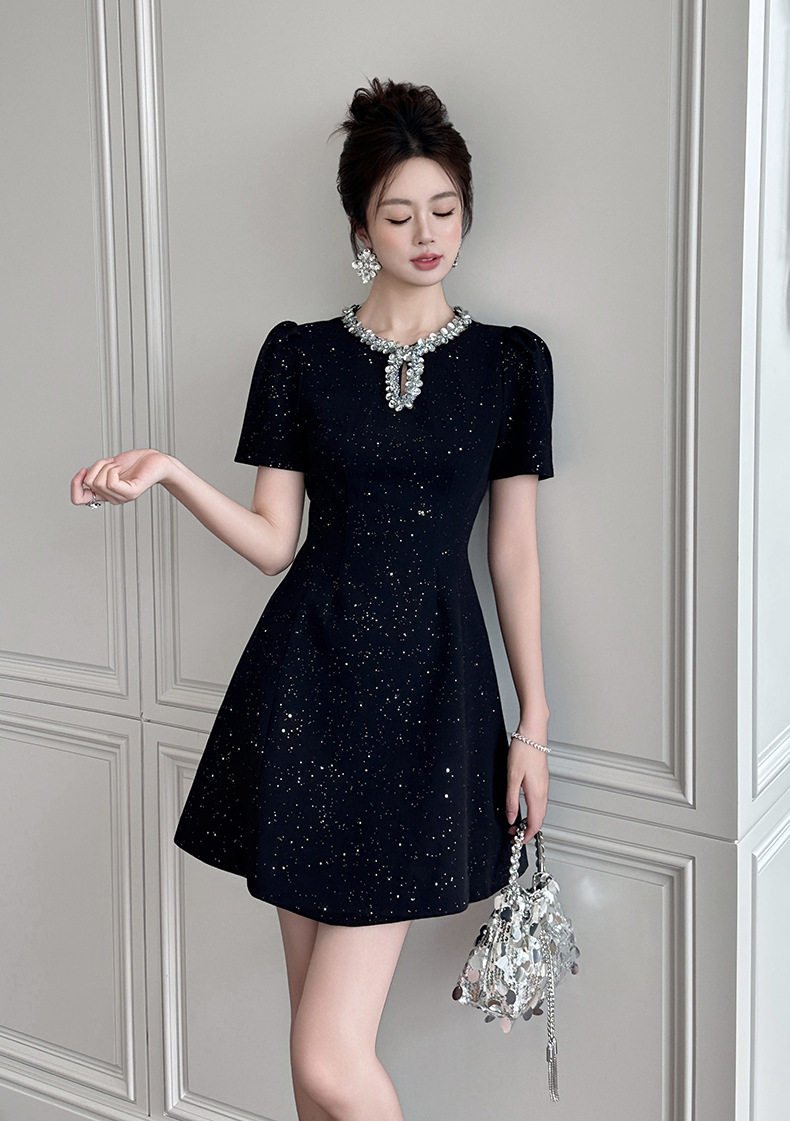 Đầm suông nữ tay ngắn cổ tròn dáng chữ A phong cách Pháp — [Đen], [Trắng] chi tiết 9