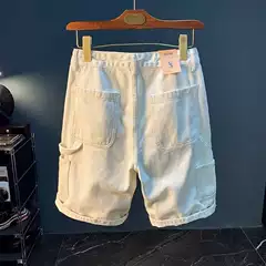 Ins Trendy Summer Multi-Pocket White Denim Shorts Men's Knee-Length Loose Straight Casual Cargo Shorts