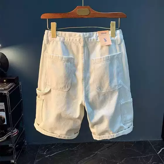 Ins Trendy Summer Multi-Pocket White Denim Shorts Men's Knee-Length Loose Straight Casual Cargo Shorts