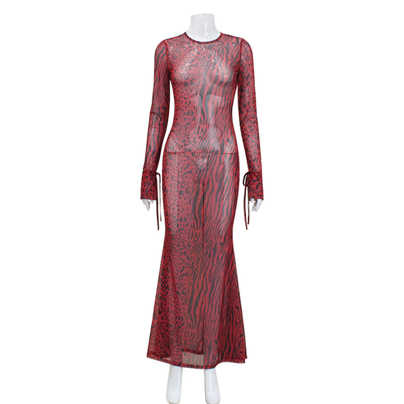 Red Leopard Print Mermaid Dress Sexy Backless Design Round Neck Elegant Style Perfect for Parties Wholesale