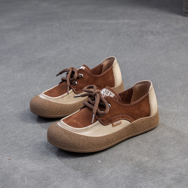 Giày Oxford Nữ Da Bò Phối Màu Buộc Dây Chiều Cao Đế Khoảng 2cm Màu Nâu, Kem