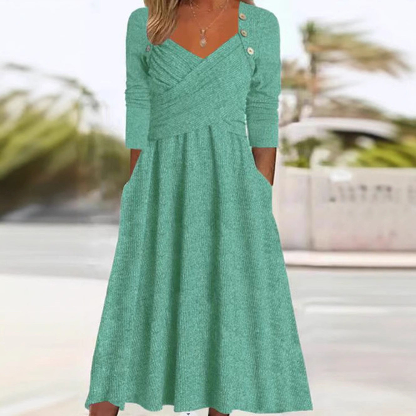 V Neck Long Sleeve Casual Dress Solid Color Autumn Winter Style Perfect for Everyday Wear Wholesale Available