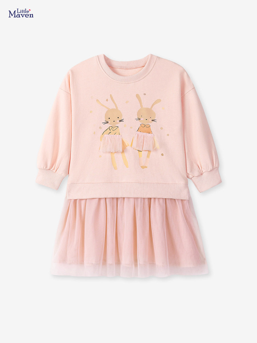 New Girls' Autumn Cartoon Dress, Cute Kids' Mesh Dress