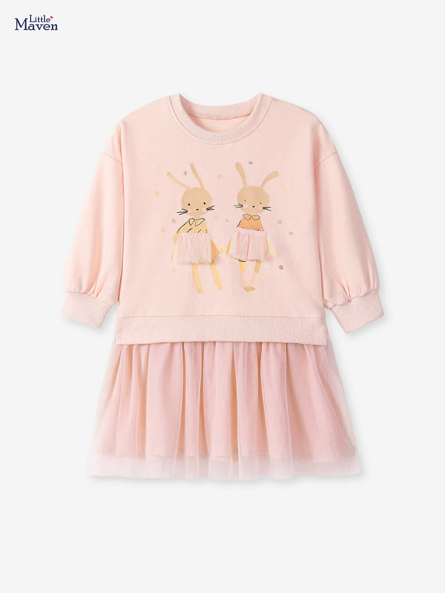 New Girls' Autumn Cartoon Dress, Cute Kids' Mesh Dress