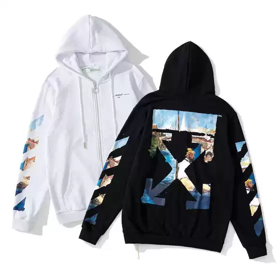 Spring, Autumn and Winter Trendy Brand Off Graffiti Oil Painting Arrow Cardigan Men and Women Loose Couple Wear Ow Zipper Sweatshirt Jacket Ins
