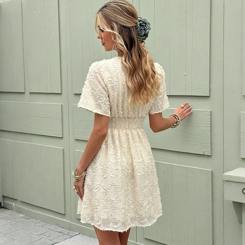 V Neck Short Dress Solid Color Jacquard Fabric Waist Defined Casual Wear for Young Women OEM Available