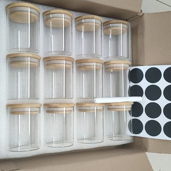 12 Piece Set Glass Bamboo Lid Glass Jar Pearl Cotton suit Seasoning Dried Fruit Storage Box High Borosilicate Sealed Storage Jar