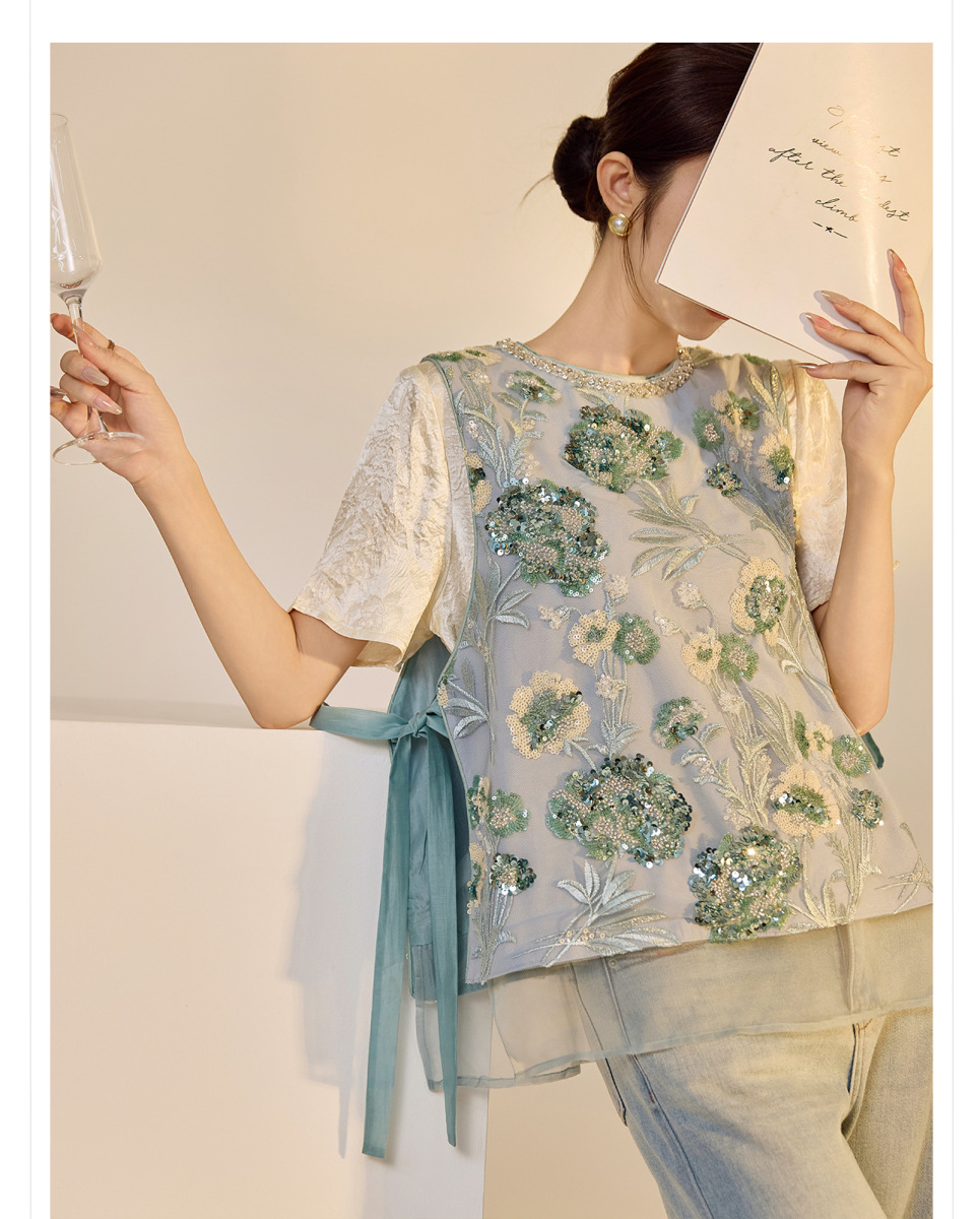 Áo vest nữ thêu cườm đính đá cổ tròn phối hoa văn — Jiyue Blue (giao hàng trong 7 ngày), Jiyue Blue (phát hành cùng ngày)