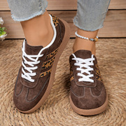 Retro German Training Shoes for Women, New Style, Lace-Up, Color-Blocking, Round-Toe, Leopard Print, Large Size, Flat Casual Sne
