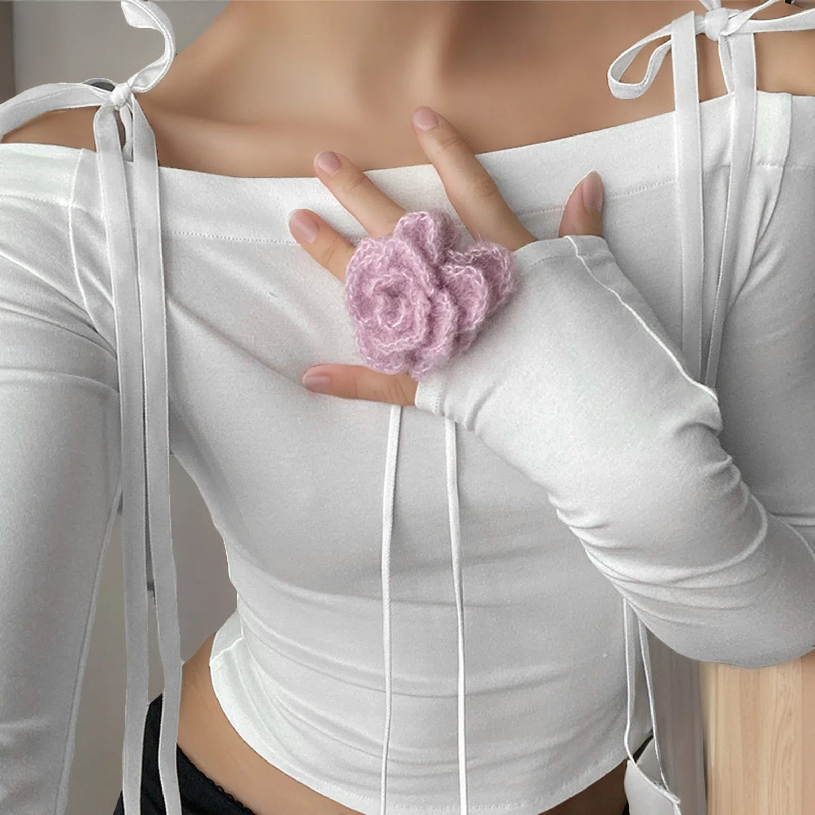 Off Shoulder Long Sleeve Top Sexy Cropped Adjustable Tie Versatile for Fall Fashion Wholesale Available