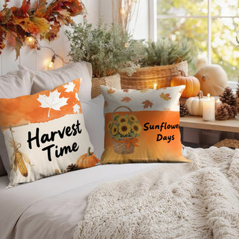 Pastoral Style Autumn Thanksgiving Pillowcase Pumpkin Maple Leaf Series Linen Material Autumn Pillow Set Customization