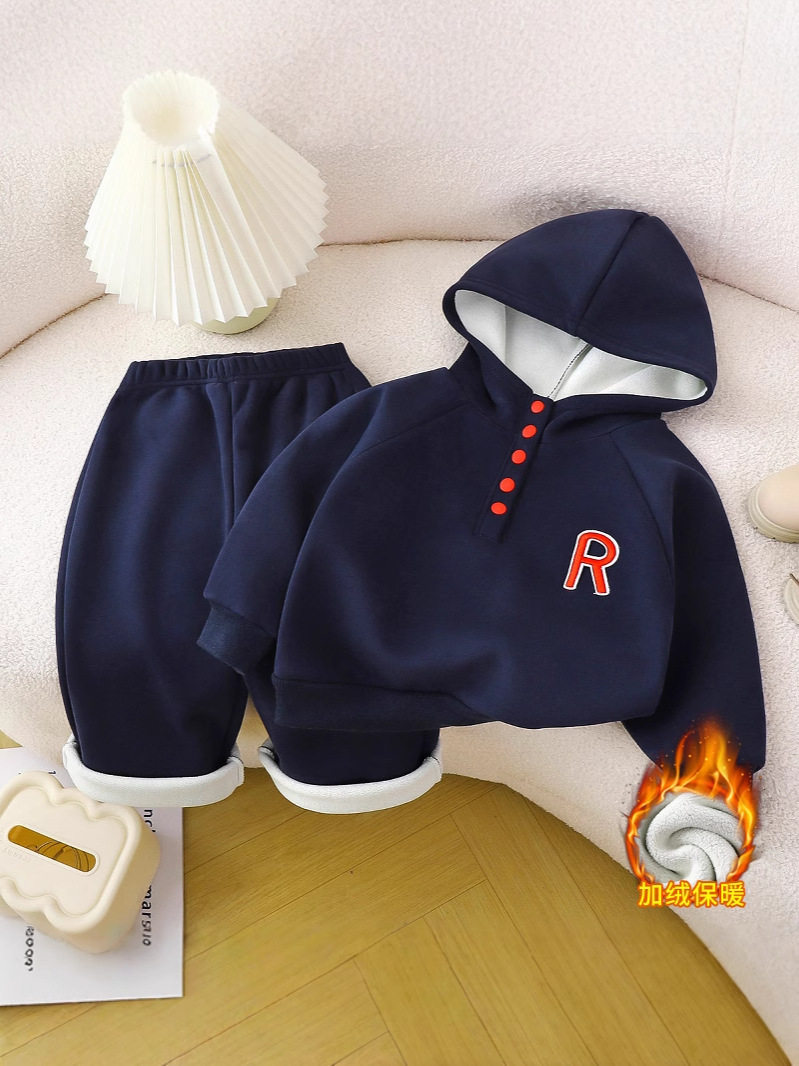Boys' Sports Hoodie Set, Stand Collar Autumn & Winter Long-Sleeve Outfit, Stylish Boys' Fall & Winter Wear