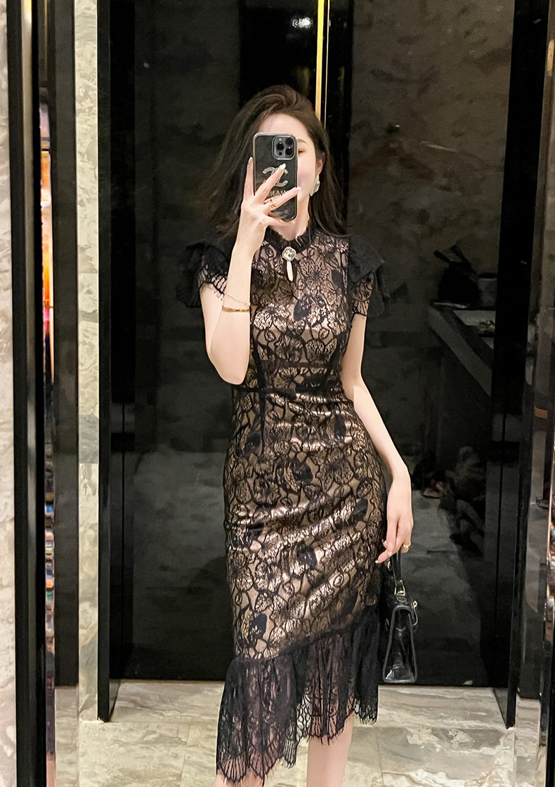 Đầm ôm body nữ ren xuyên thấu kiểu sườn xám Trung Hoa tay ngắn — [Đen Champagne] chi tiết 5