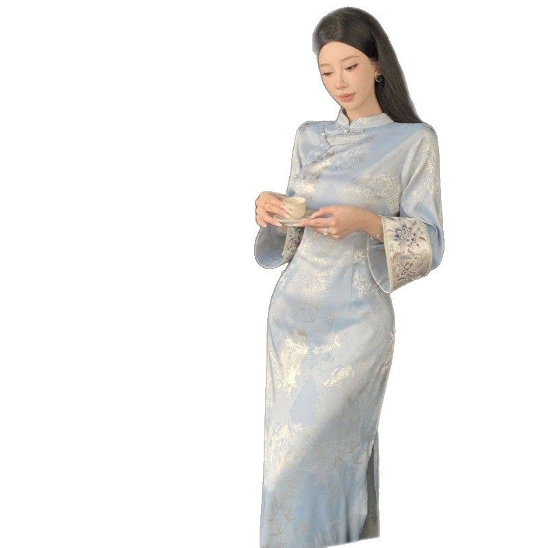 New Chinese-Style Blue Printed Slim-Fit Inverted Large-Sleeve Improved Gentle Cheongsam Autumn Retro Bamboo Leaf National Style Stand-Collar Dress