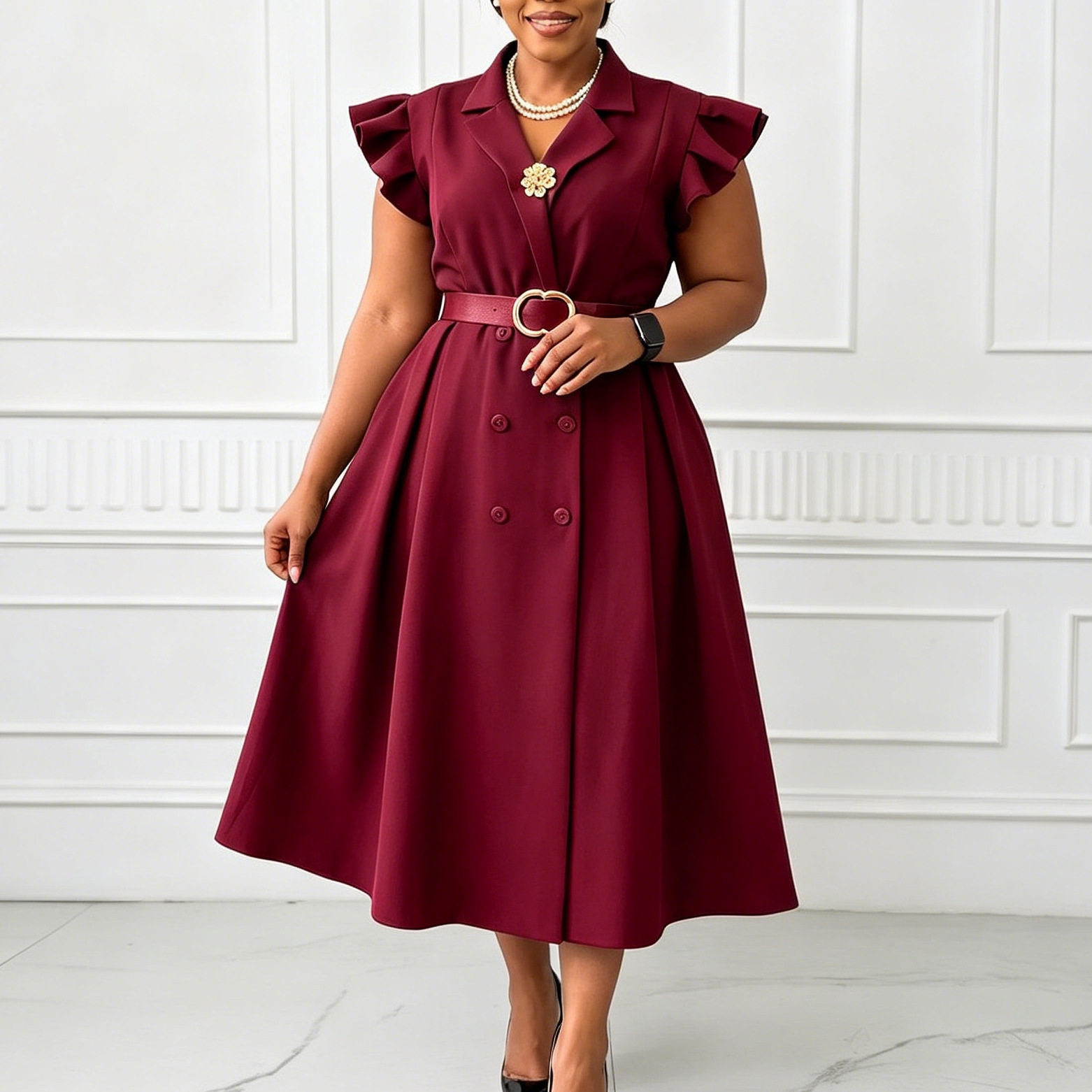 Elegant Double Breasted African Print Dress Mid Length Suit Collar Summer Style Wholesale Available