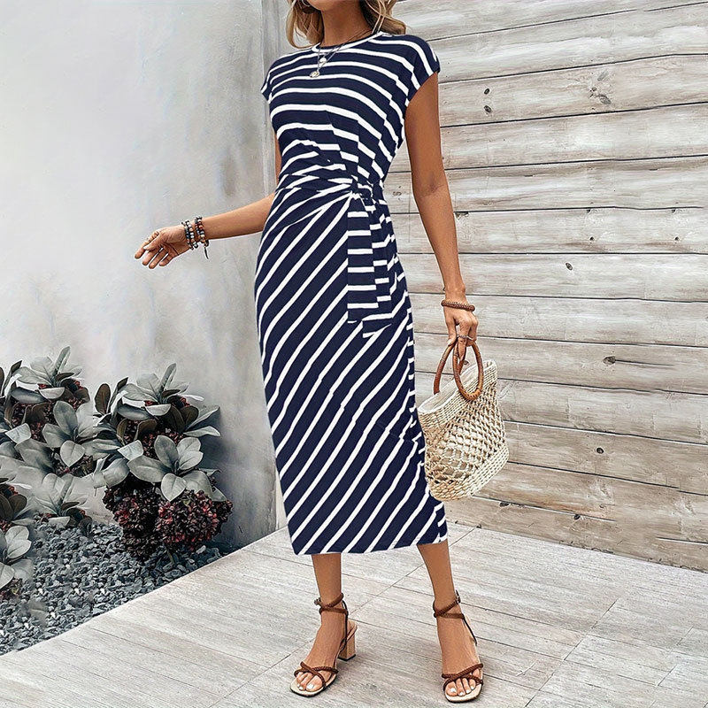 Elegant Striped Maxi Dress Waist Tie Round Neck Short Sleeve Summer Fashion for Women Wholesale Available