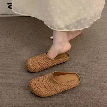 French Niche Hand-Woven Hollow Breathable Toe-Cap Half Slippers for Women Summer Outer Wear Roman Style Thick-Soled Mule Shoes for Women