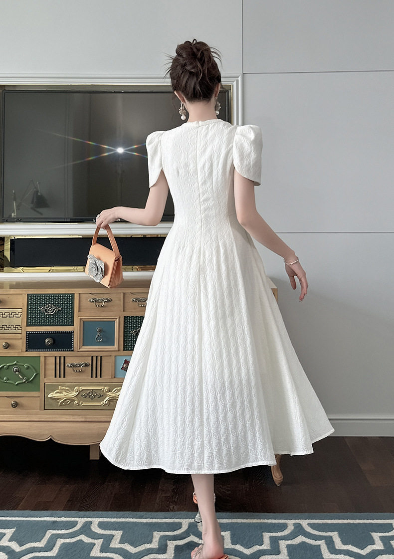 Đầm maxi nữ cổ tròn tay ngắn eo cao chân váy xòe rộng — [Trắng kem] chi tiết 9