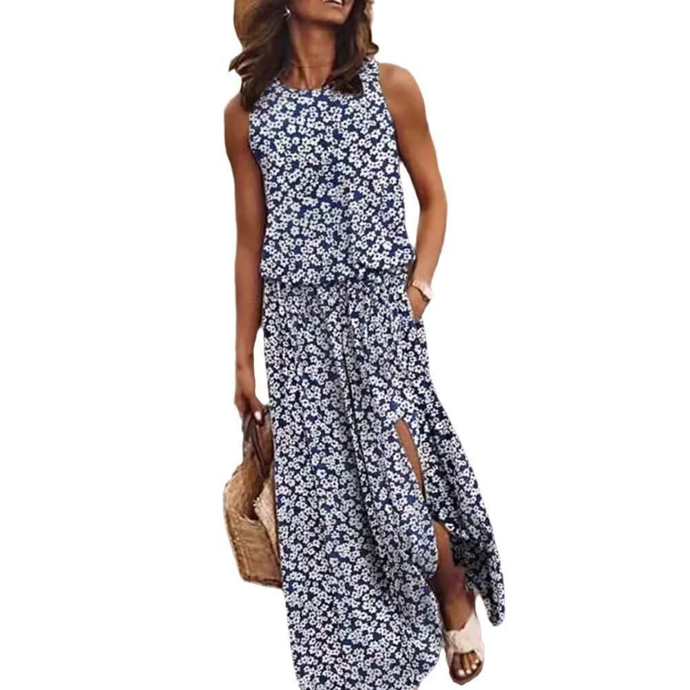Floral Print Sleeveless Maxi Dress Round Neck Split Hem Lightweight Fabric Summer Casual Wear Wholesale Available