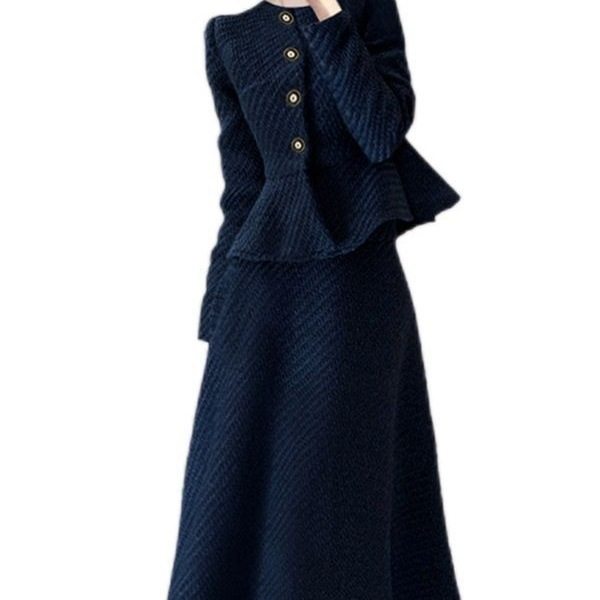 Tweed Style Blue Suit Skirt 2025 Autumn New Style Waist Slimming Look Ladylike Elegant Slim Two-Piece Set