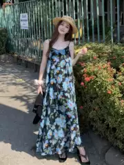 French-Style Floral Spaghetti Strap Dress for Women, 2026 New Model, Very Beautiful, Summer Blue Beach Vacation Knitwear Set