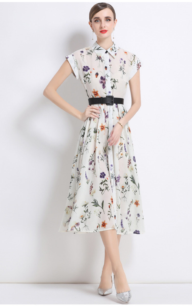 French Style Elegant Womens Dress Vintage Lapel Short Sleeve Waist Pleats Slim Fit Floral Print Perfect for