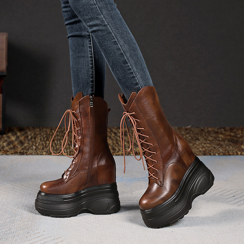 Boot Martin Nữ Cao 14cm Tăng Chiều Cao Đế Cao Hàng Mùa Xuân Thu Đông Phục Cổ Cổ Điển