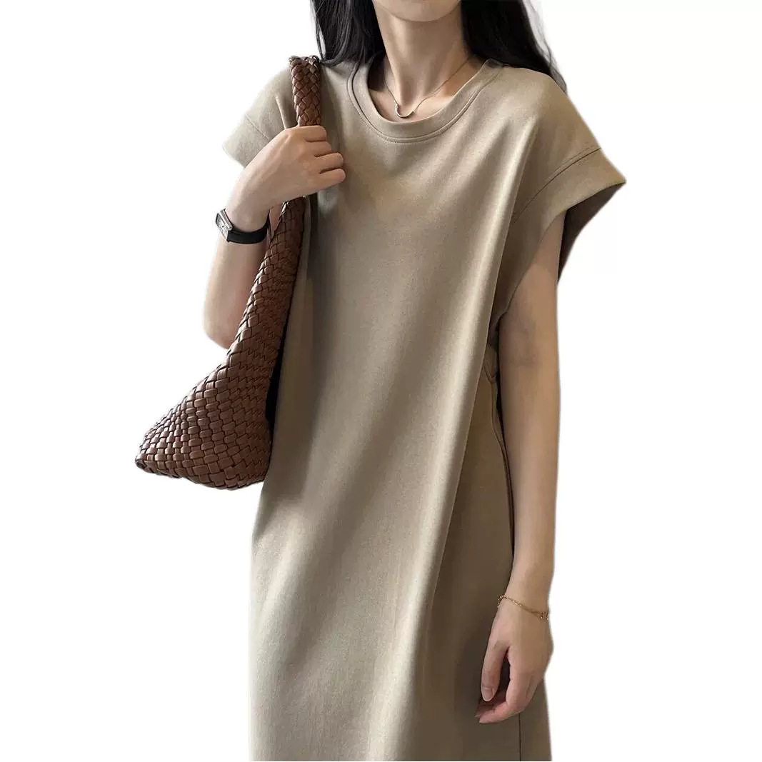 日韩休闲夏季大码飞飞袖连衣裙法式防走光宽松小众中长款T恤裙女