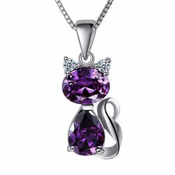 S925 Silver Copper Necklace Jewelry Korea Cute Natural Amethyst Cat Pendant Factory Outlet