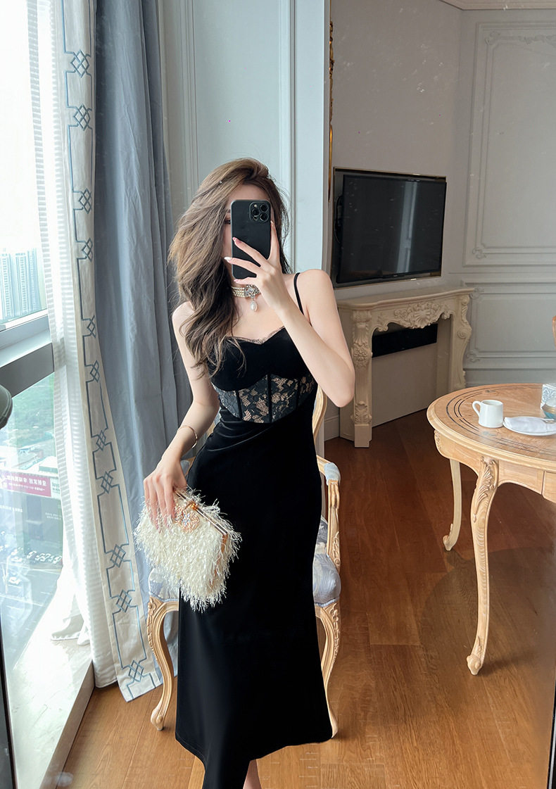 Đầm ôm body nữ nhung dáng đuôi cá cổ V không tay — [Đen] chi tiết 13