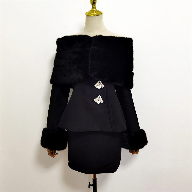 High-end Princess Style Simulation Fur Suit Lady and Lady and Lady Style Fragrant Style One-Shoulder Rich Family Daughter Gold Fur Collar Dress