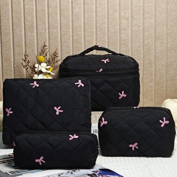 Large Capacity Cotton Quilted Bow Portable Cosmetic Bag Headset Data Cable Cosmetic Storage Bag Wash Bag