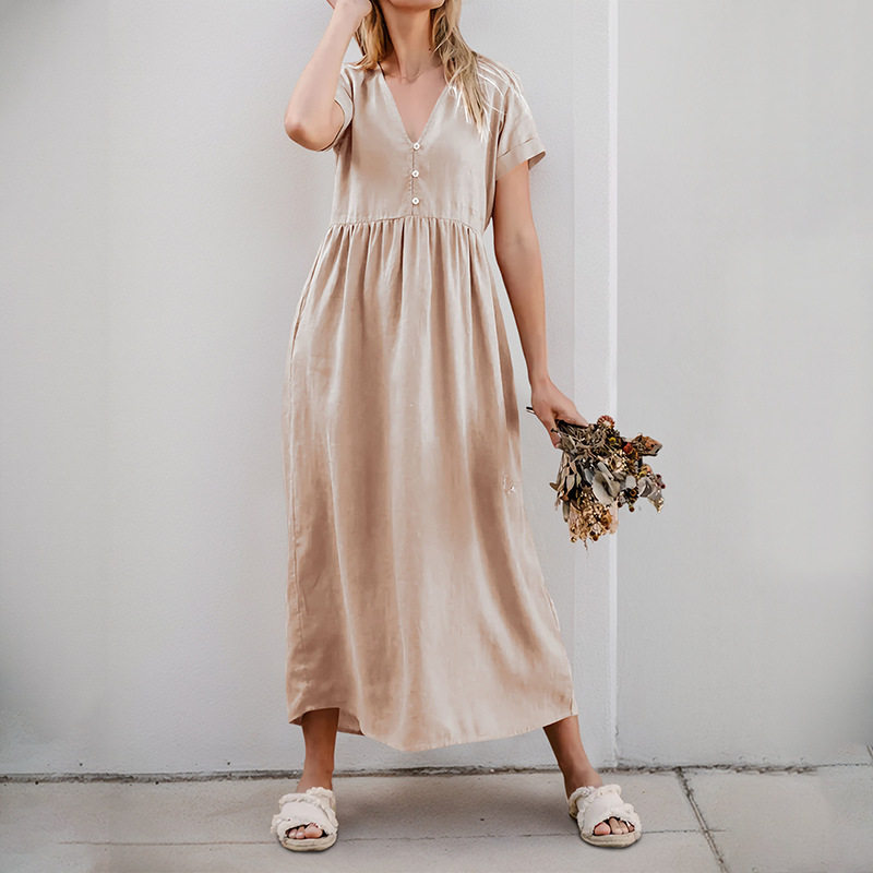 Casual Loose Button V Neck Solid Color Dress New Arrival European and American Style Perfect for Everyday Wear