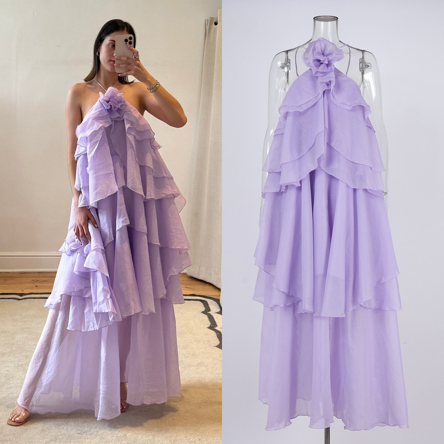 Backless Ruffle Hem Maxi Dress Elegant Floral Embellishments Vacation Style Wholesale Available