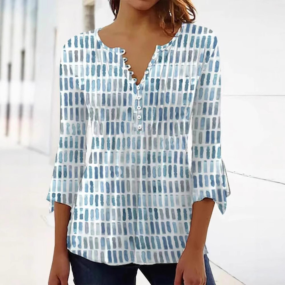 V Neck Printed T Shirt Casual Style Elegant Design Summer Wear Womens Pullover Blouse Available for Wholesale