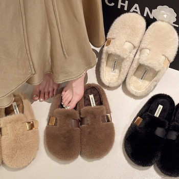 Trendy Flat Closed-Toe Plush Slippers for Women, 2025 New Autumn and Winter Fashion Korean Fairy Style Plush Cotton Slippers