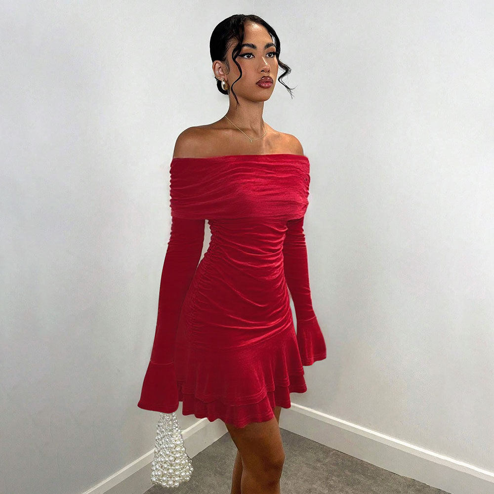Velvet Off Shoulder Bodycon Dress Sexy Ruffle Long Sleeves Spring Summer Fashion Wholesale Available