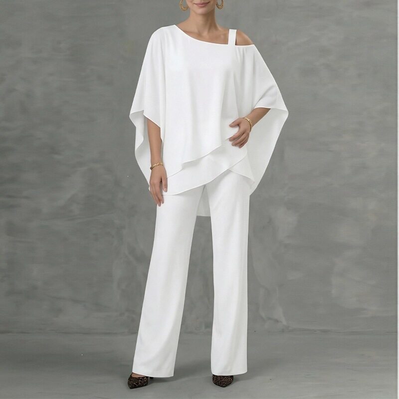 Womens Summer Outfit Set Stylish Solid Color Asymmetrical Neckline Batwing Sleeve Straight Pants Casual Wear