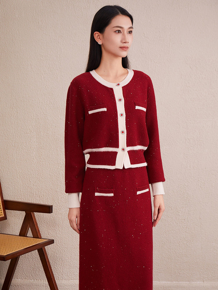 Fashion Versatile Women's Set with a Small Chanel Style, Round Neck Knitted Cardigan, High-Waisted Slimming Midi Skirt Two-Piece Set for Women